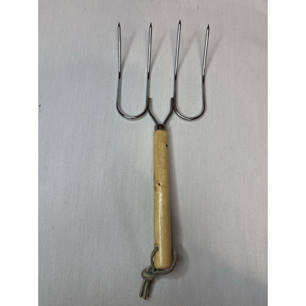 Four-Pronged Meat Fork with Wood Handle, Leather Strap, Approx. 10in